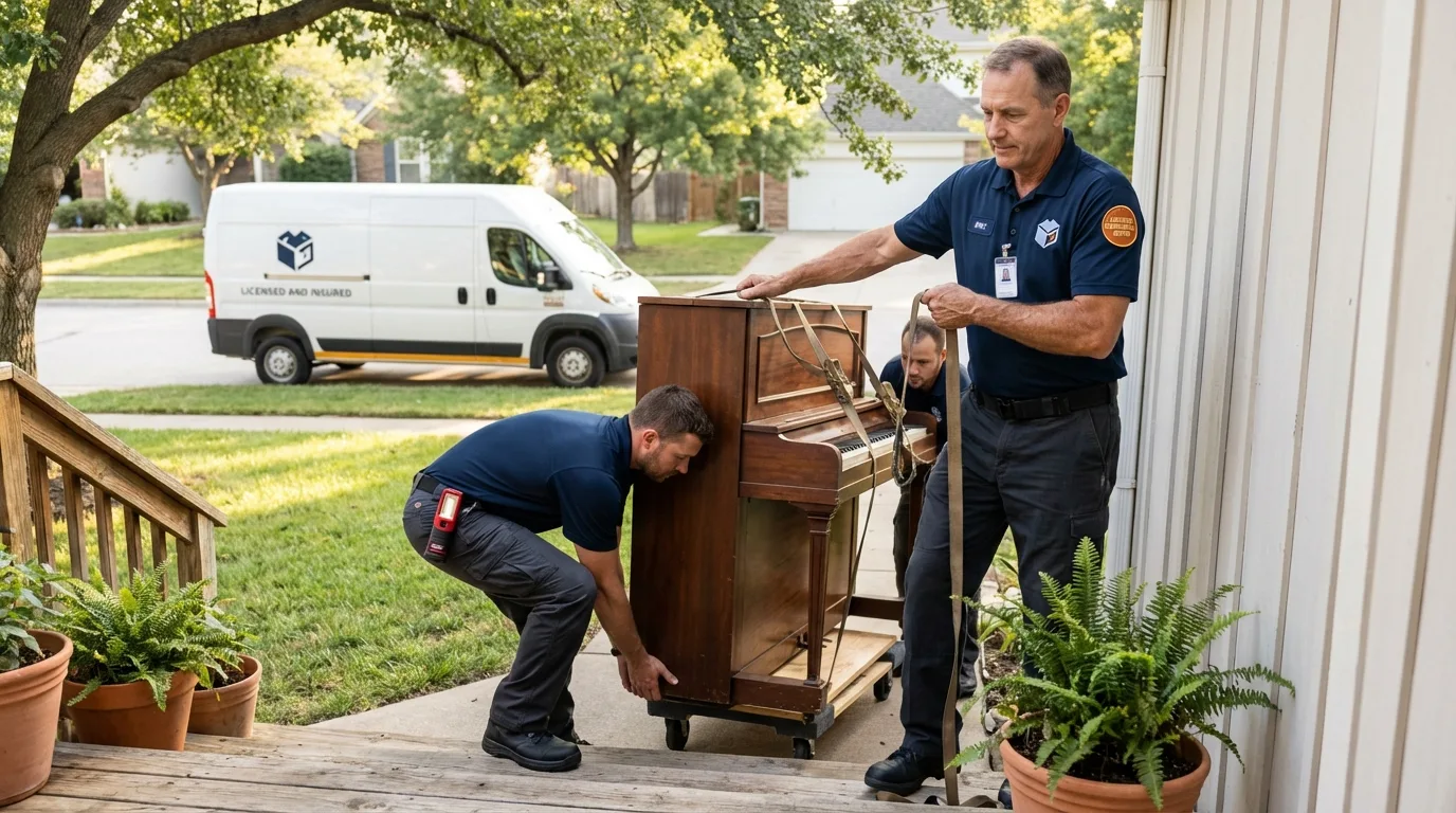Licensed piano movers securing grand piano in Mount Vernon, OH