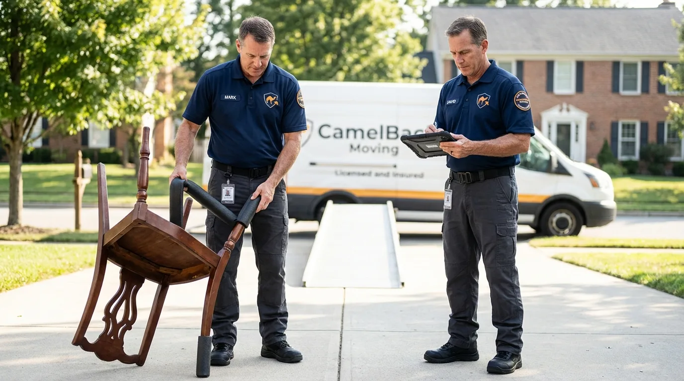 Movers inspecting furniture for damage prevention before loading in Mount Vernon, OH