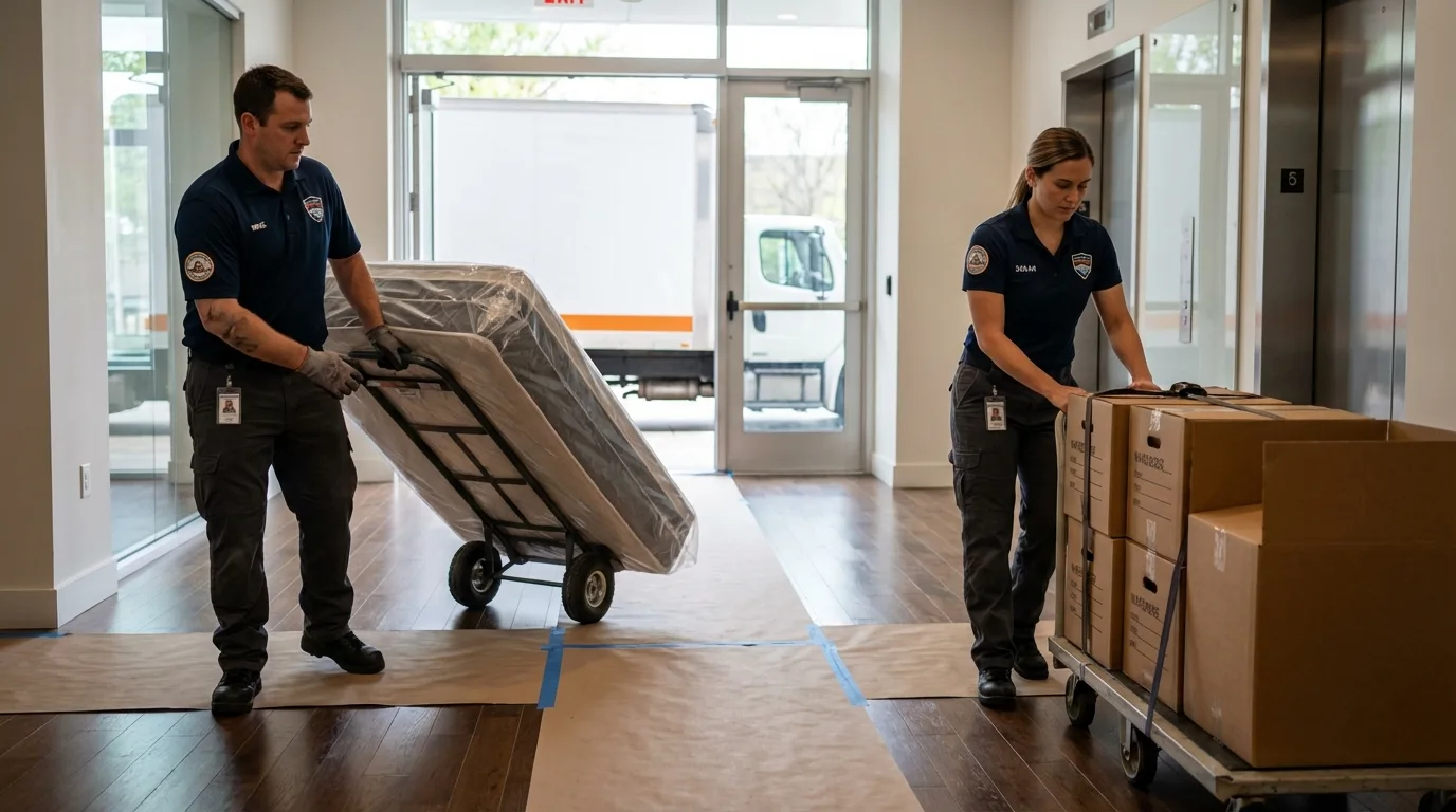 Professional apartment movers loading elevator in Mount Vernon, OH
