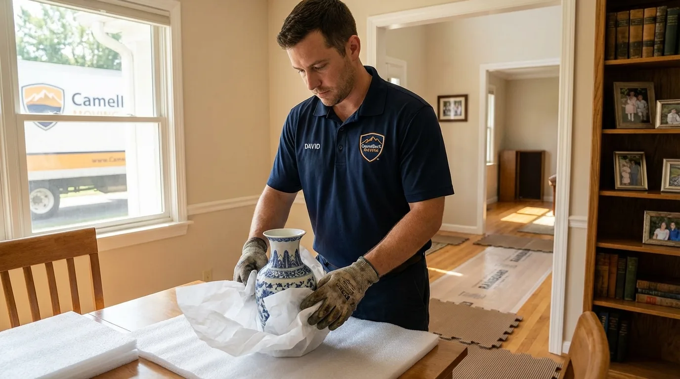 Professional crew carefully wrapping antique vase for senior downsizing move in Mount Vernon, OH